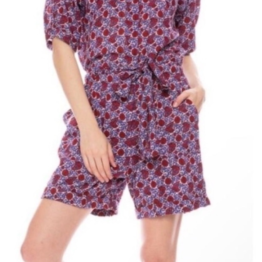 XIRENA Grady Romper 100% Cotton Red Floral Boho Short Sleeve Lightweight Pockets